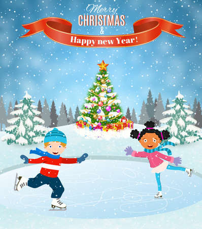 Happy new year and merry Christmas landscape card design with christmas tree. Winter scene with skating children. Children boy and girl on the winter ice-skating rink. vector illustrationのイラスト素材