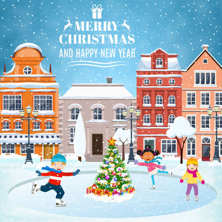 happy new year and merry Christmas winter old town street with christmas tree. concept for greeting and postal card, invitation, template, Children boy and girl on the winter ice-skating rinkのイラスト素材