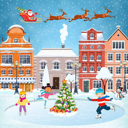 happy new year and merry Christmas winter old town street with christmas tree. concept for greeting and postal card, invitation, template, Children boy and girl on the winter ice-skating rinkのイラスト素材