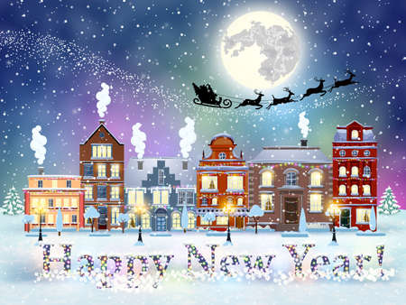 happy new year and merry Christmas winter old town street with trees. Santa Claus with deers in sky above the city. concept for greeting and postal card, invitation, template, vector illustrationのイラスト素材
