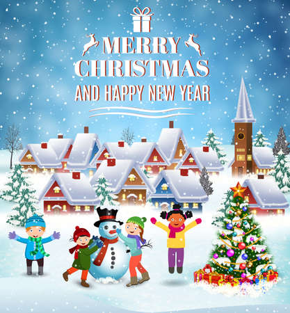 happy new year and merry Christmas greeting card. Winter fun. Children building snowman. Winter holidays. vector illustrationのイラスト素材