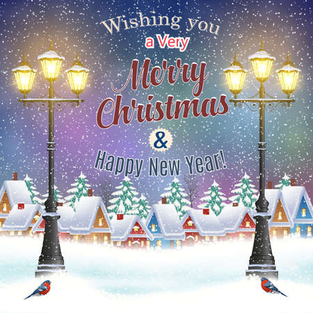 happy New year and merry Christmas winter village night landscape background. Christmas greeting type design with vintage street lantern. concept for postal card, invitation, template,のイラスト素材