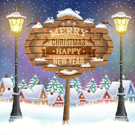 meryy Christmas and happy new year vintage greeting card on winter village. Christmas signboard and Winter landscape. Vector illustration. concept for greeting or postal cardのイラスト素材