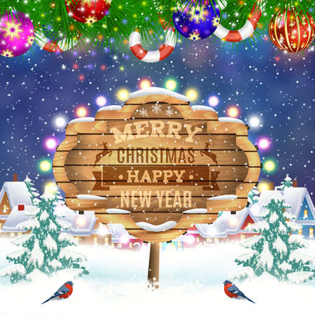 meryy Christmas and happy new year vintage greeting card on winter village. Christmas signboard and Winter landscape. Vector illustration. concept for greeting or postal cardのイラスト素材