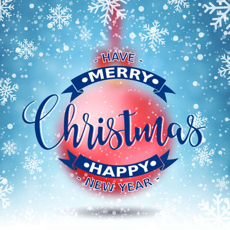 Red Blurred Christmas Ball on winter background with snow and snowflakes. Merry Christmas and Happy New Year. Vector illustration.のイラスト素材