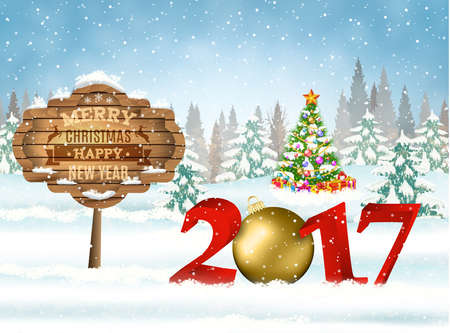 New year and Merry Christmas Winter background with christmas balls and wooden ornate. 2017 with ball on nature background with Christmas treeのイラスト素材