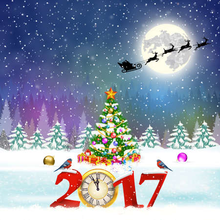 meryy Christmas and happy new year vintage greeting card on winter landscape with christmas tree. Santa Claus with deers in sky. Vector illustration. concept for greeting or postal card. 2017のイラスト素材