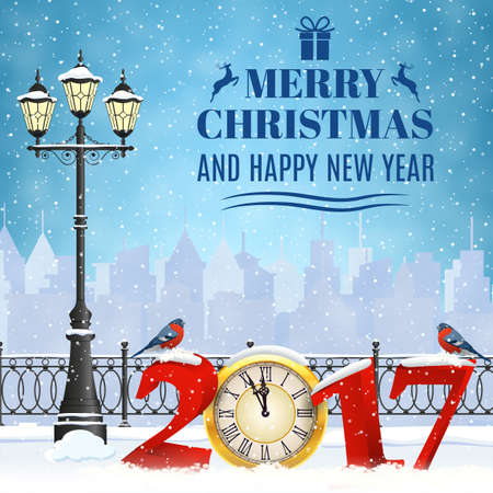 happy new year and merry Christmas Winter Cityscape with luminous street lantern, snow flakes. concept for greeting and postal card, invitation, template, 2017 with clockのイラスト素材