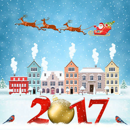 happy new year and merry Christmas winter old town street with trees. Santa Claus with deers in sky above the city. concept for greeting and postal card, invitation, template, 2017 christmas ballのイラスト素材