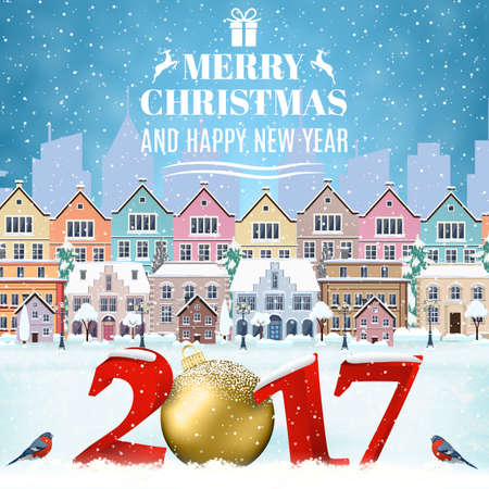 happy new year and merry Christmas winter old town street with christmas tree. concept for greeting and postal card, invitation, template, 2017 christmas ball. Christmas vintage cardのイラスト素材