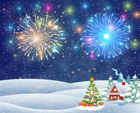 A house in a snowy Christmas landscape at night. christmas tree. fireworks in the sky. concept for greeting or postal card, vector illustrationのイラスト素材