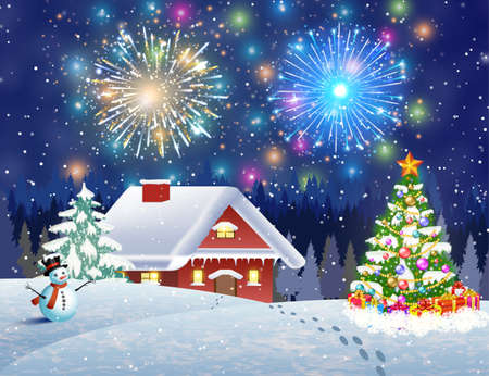 A house in a snowy Christmas landscape at night. christmas tree and snowman. fireworks in the sky. concept for greeting or postal cardのイラスト素材