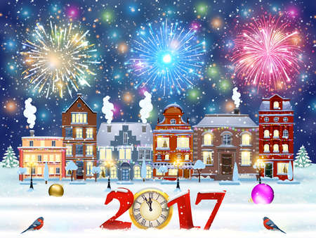 happy new year and merry Christmas winter old town street with trees. Christmas card with cityscape...