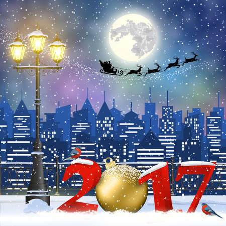 happy new year and merry Christmas Winter Cityscape with luminous street lantern, Santa Claus with deers in sky above the city. 2017 with christmas ballのイラスト素材