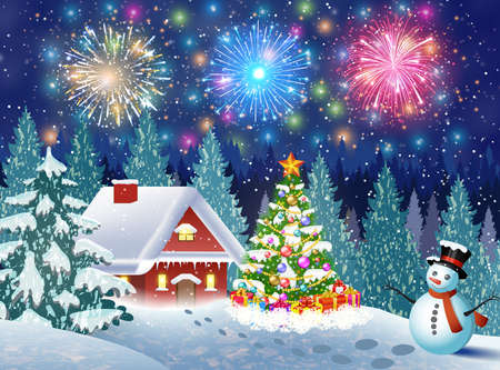 A house in a snowy Christmas landscape at night. christmas tree and snowman. fireworks in the sky. concept for greeting or postal cardのイラスト素材