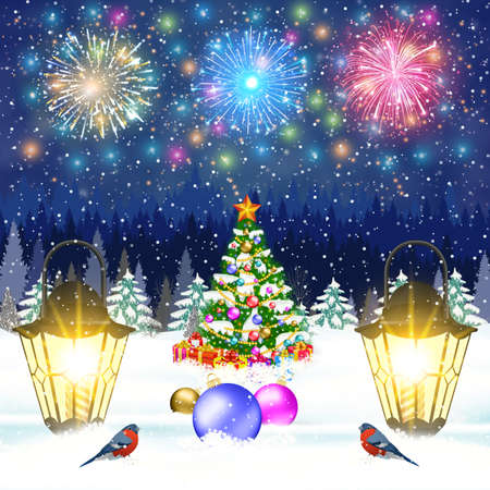 meryy Christmas and happy new year vintage greeting card on winter landscape. Christmas tree and ball. fireworks in the sky. Vector illustration. concept for greeting or postal cardのイラスト素材
