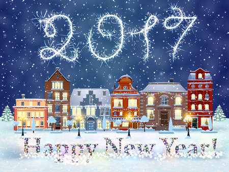 happy new year and merry Christmas winter old town street with trees. Christmas card with cityscape and fireworks. concept for greeting and postal card, invitation, template, vector illustrationのイラスト素材