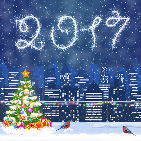 happy new year and merry Christmas Winter Cityscape with christmas tree, snow flakes. Christmas card with cityscape and fireworks, 2017 with sparklersのイラスト素材