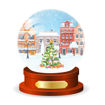 Christmas winter old town street globe with christmas tree inside vector illustrationのイラスト素材