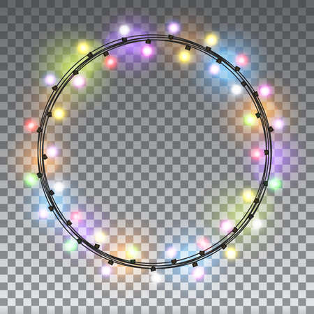 Circle colorful Glowing Christmas lights isolated on transparent background design elements. Set garlands for greeting card design. vector illustrationのイラスト素材