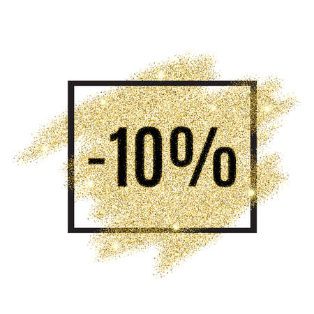 10 percent off discount promotion tag. Promo sale label. New Year, Christmas offer. Gold sale background for flyer, poster, shopping, card, web, header. Vector gold glittering illustrationのイラスト素材