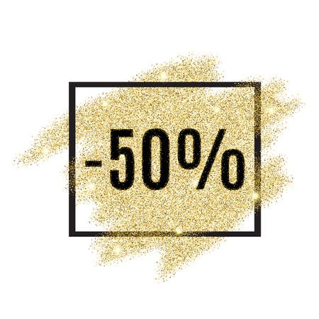 50 percent off discount promotion tag. Promo sale label. New Year, Christmas offer. Gold sale background for flyer, poster, shopping, card, web, header. Vector gold glittering illustrationのイラスト素材