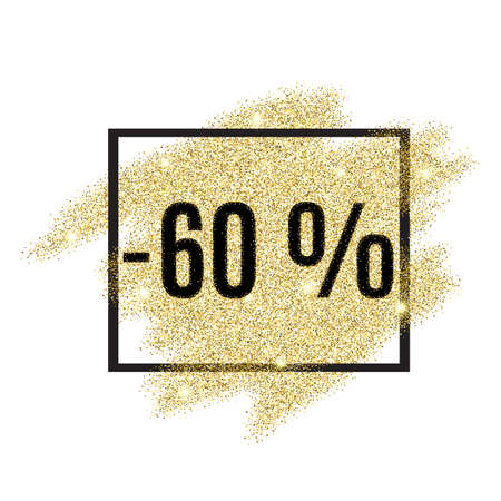 60 percent off discount promotion tag. Promo sale label. New Year, Christmas offer. Gold sale background for flyer, poster, shopping, card, web, header. Vector gold glittering illustrationのイラスト素材