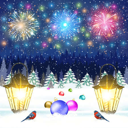 meryy Christmas and happy new year vintage greeting card on winter landscape. fireworks in the sky. Christmas ball. Vector illustration.のイラスト素材