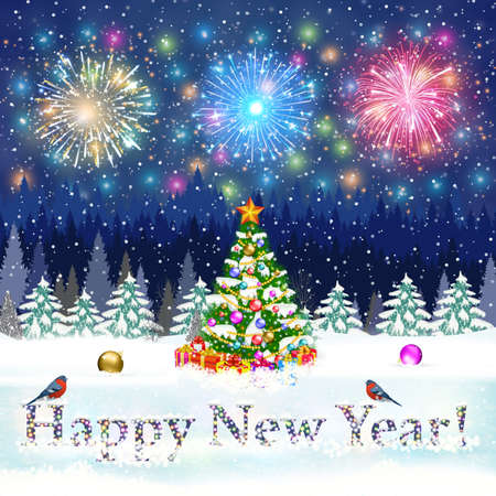 meryy Christmas and happy new year vintage greeting card on winter landscape with christmas tree. fireworks in the sky. Vector illustration. concept for greeting or postal cardのイラスト素材