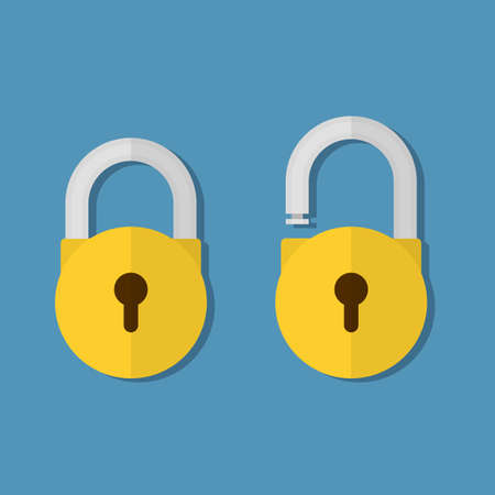 Opened and closed lock icons isolated on blue background, yellow padlocks shapes flat illustration concept for web banners, web and mobile app, web sites, printed materials, infographicsのイラスト素材