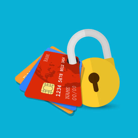 Secure payment. Set of secure credit cards protected by encryption padlock. flat illustration concept for web banners, web and mobile app, web sites, infographicsのイラスト素材