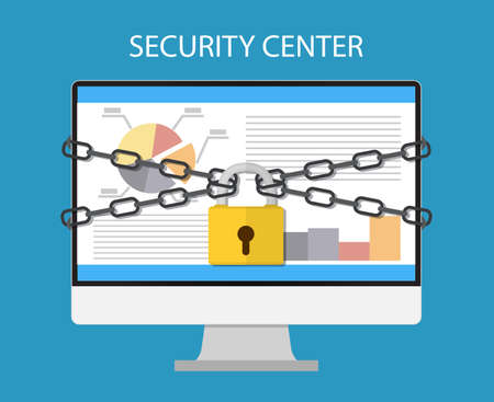 computer monitor are bound with chains and locked with a padlock. concept of security center. flat illustration concept for web banners, web and mobile app, web sites, infographicsのイラスト素材
