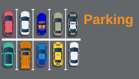 Top view of a city parking lot with a set of different cars. Shortage parking spaces. Parking zone. vector illustration in flat design, web bannerのイラスト素材