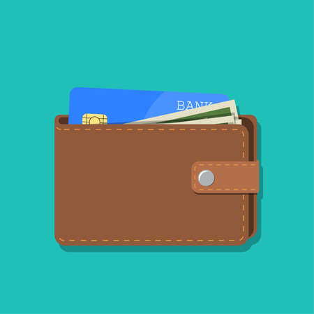 wallet with card and cash. Brown wallet with money. Concept for business,print,web sites,magazines,online shop,finance,banks. vector illustration in flat designのイラスト素材