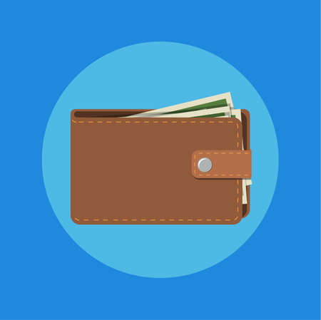 wallet with cash. Brown wallet with money. Concept for business,print,web sites,magazines,online shop,finance,banks. vector illustration in flat designのイラスト素材