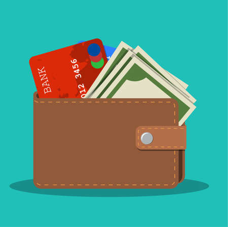 wallet with card and cash. Brown wallet with money. Concept for business,print,web sites,magazines,online shop,finance,banks. vector illustration in flat designのイラスト素材