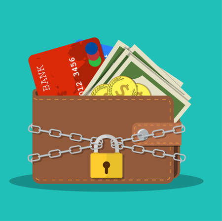 Closed brown leather wallet with dollar cash, coins, debit credit cards inside and locked pad lock with chain. vector illustration in flat design on green backgroundのイラスト素材