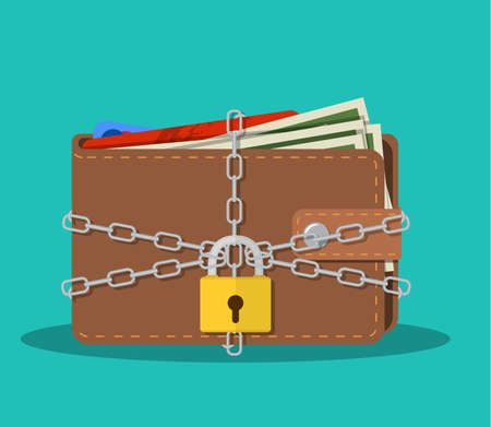 Closed brown leather wallet with dollar cash, coins, debit credit cards inside and locked pad lock...