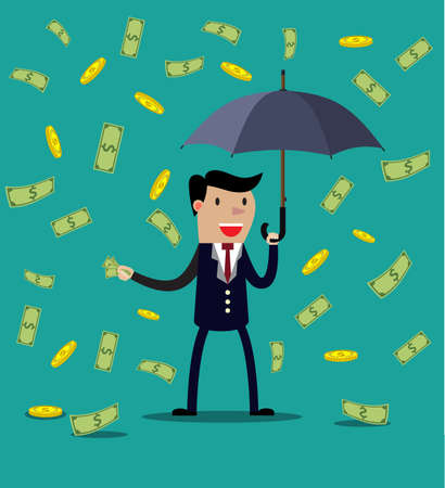 Businessman hold umbrella and standing under money rain. vector illustration in flat styleのイラスト素材