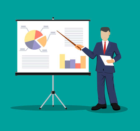 Businessman in suit and tie making presentation explaining charts on a white board. Business seminar. Flat style vector illustration isolated on white background.のイラスト素材