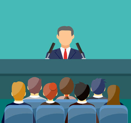 orator speaking from tribune. public speaker and crowd on chairs. vector illustration in flat style