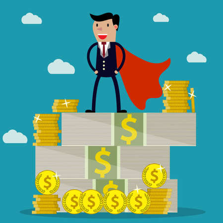 businessman standing on huge pile of money.のイラスト素材