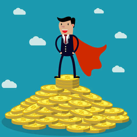 businessman standing on huge pile of money.のイラスト素材