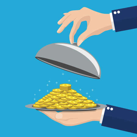 Businessman hand opens serve cloche with moneyのイラスト素材