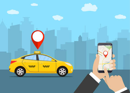 Hands with smartphone and taxi applicationのイラスト素材