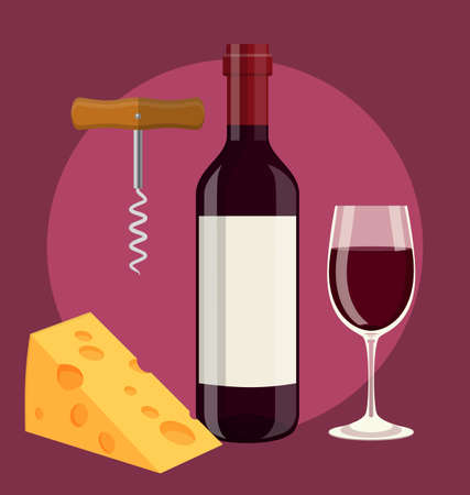 bottle, glass of wine cheese and Corkscrewのイラスト素材