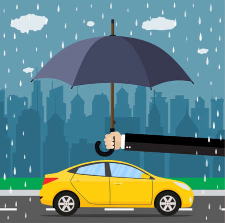 Hand with umbrella that protects car.のイラスト素材