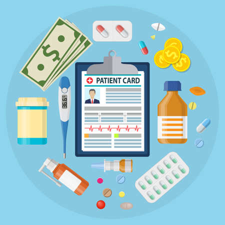 Clipboard with patient card. Thermometer, pills, capsules, tablets. Healthcare, hospital and medical diagnostics concept. vector illustration in flat styleのイラスト素材