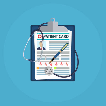 patient card concept. Clipboard, pen and stethoscope. vector illustration in flat styleのイラスト素材
