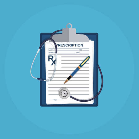 prescription concept. Clipboard, pen and stethoscope. vector illustration in flat styleのイラスト素材